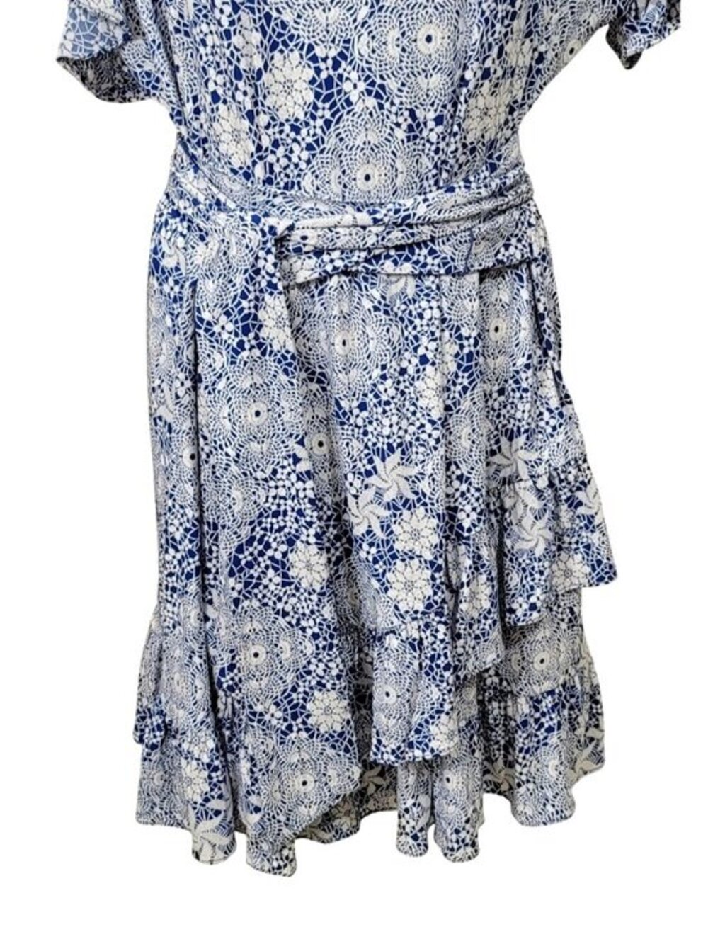 Michael Kors Blue White Print Belted Layered Ruffle Dress XXL - Picture 4 of 10